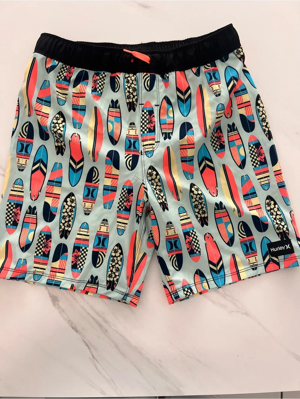 Hurley Light Blue Surfboard Pattern Boys' Swim Trunks with Black Waistband